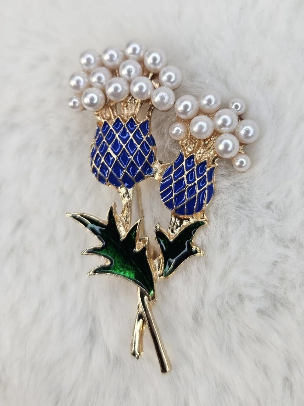 Elegant Blue Thistle Pearl Brooch by